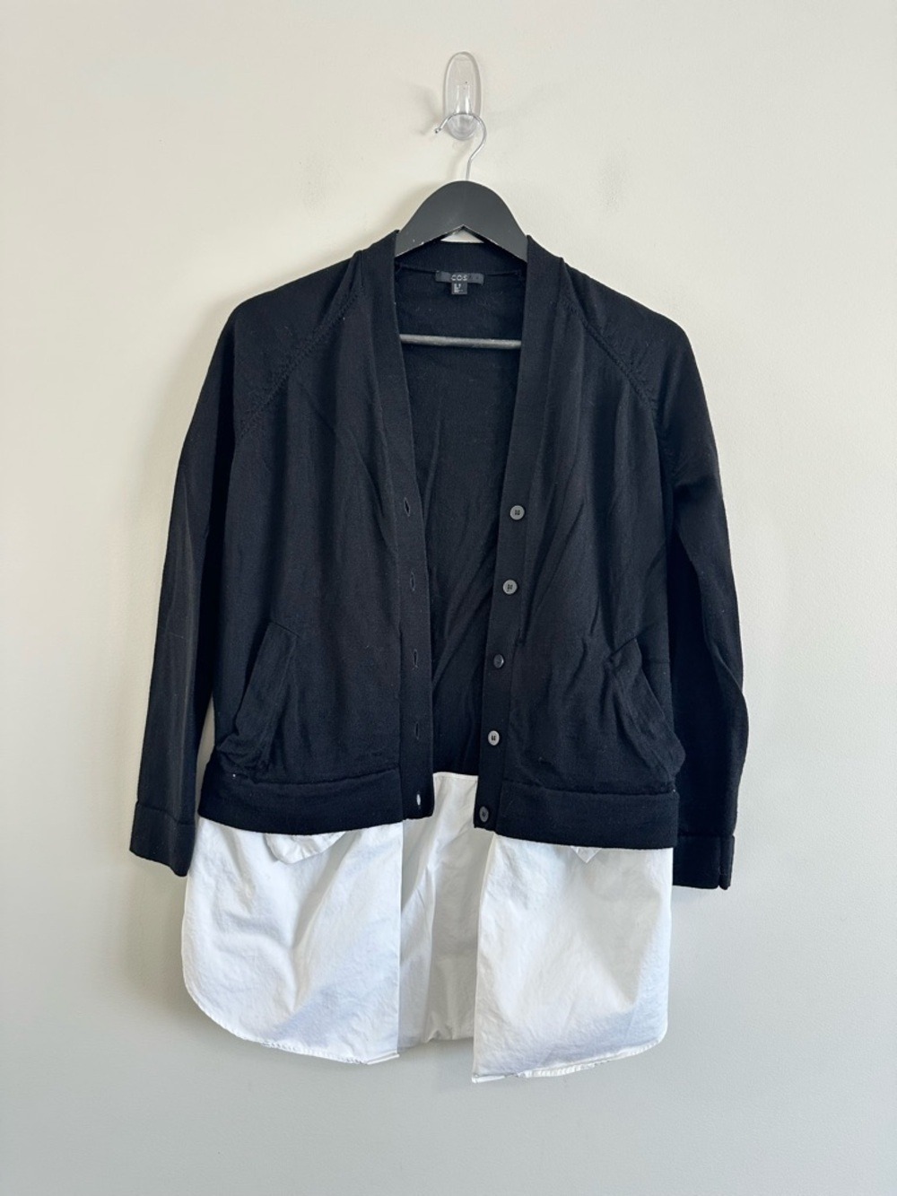 Cos Hybrid Layered Wool Cardigan Size XS Black White - Picture 2 of 12